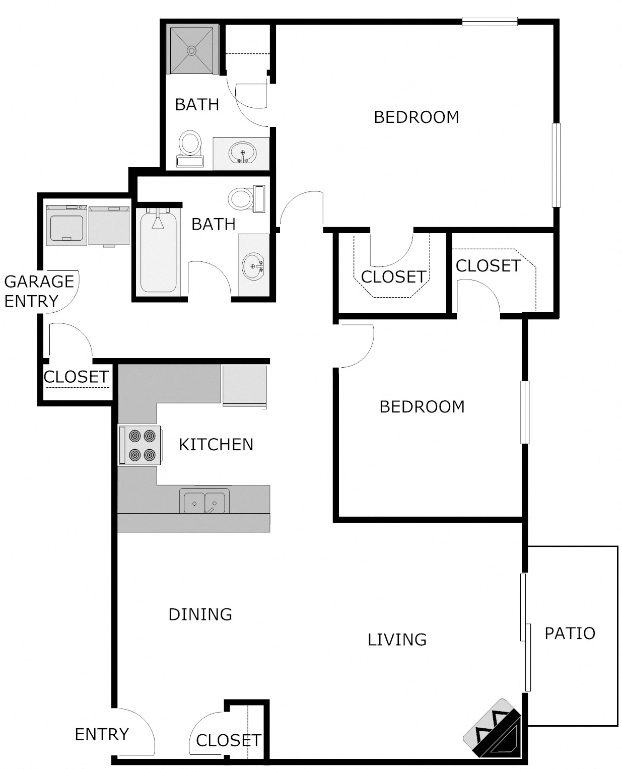 Floor plan for 2 beds, 2 baths, 1100 sqft